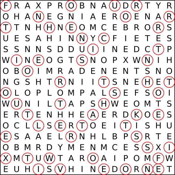 word search grid with prime numbered letters circled