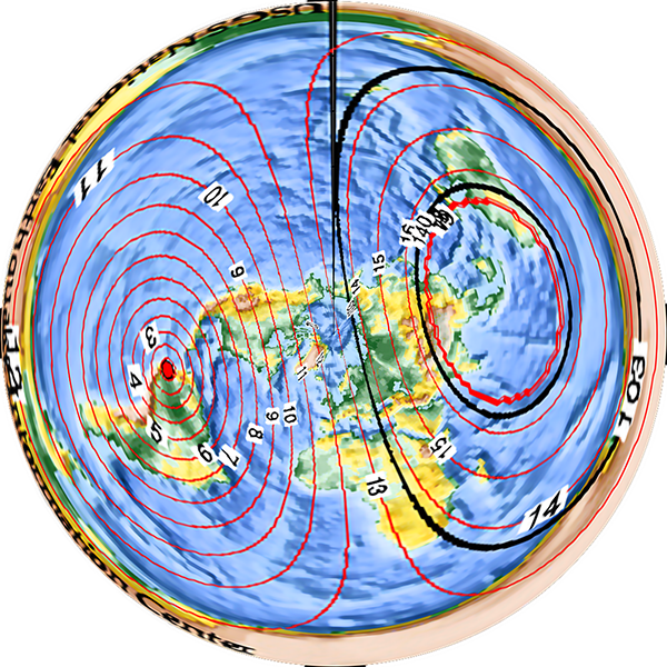 P wave propagation times from Ecuador, flat Earth
