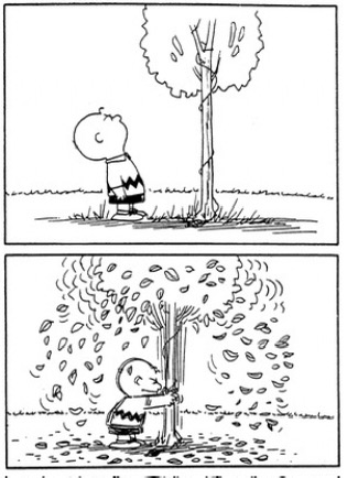 Charlie Brown strangles a tree